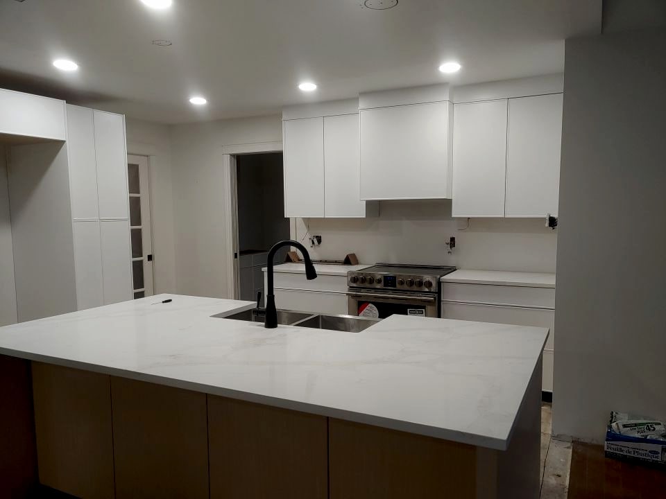 Polished quartz kitchen surface, direct-from-fabricator