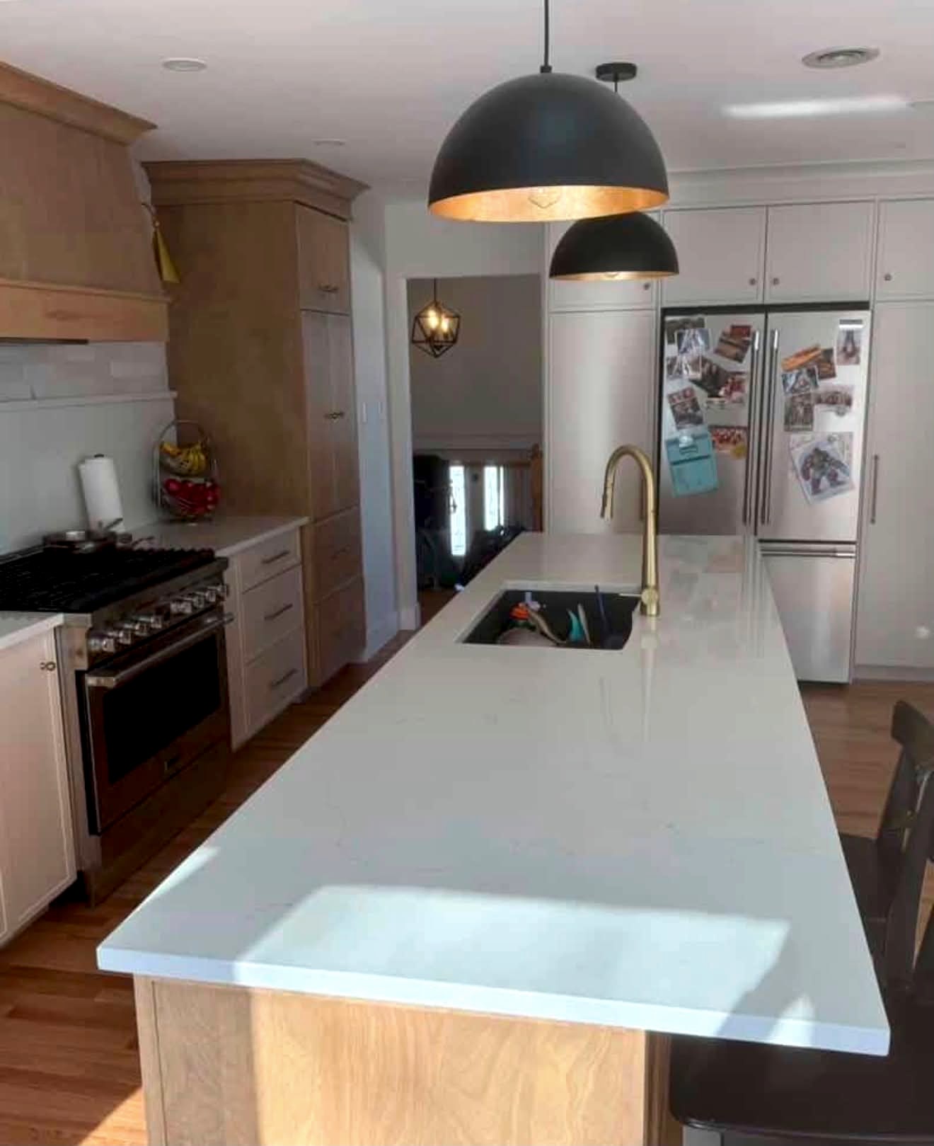 Custom quartz kitchen island, hand-fabricated in Quispamsis