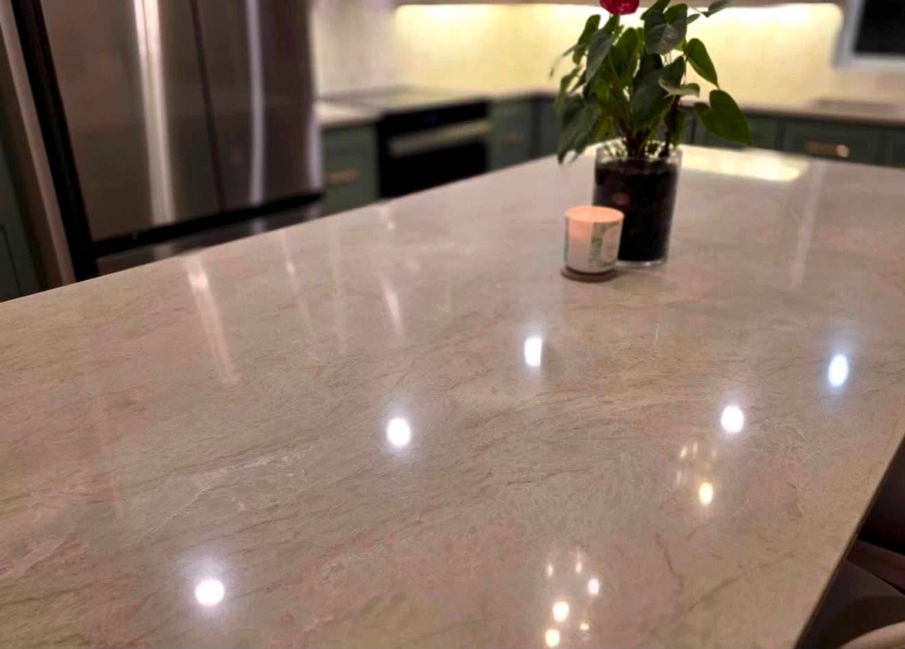 Hand-finished quartz countertop in residential kitchen