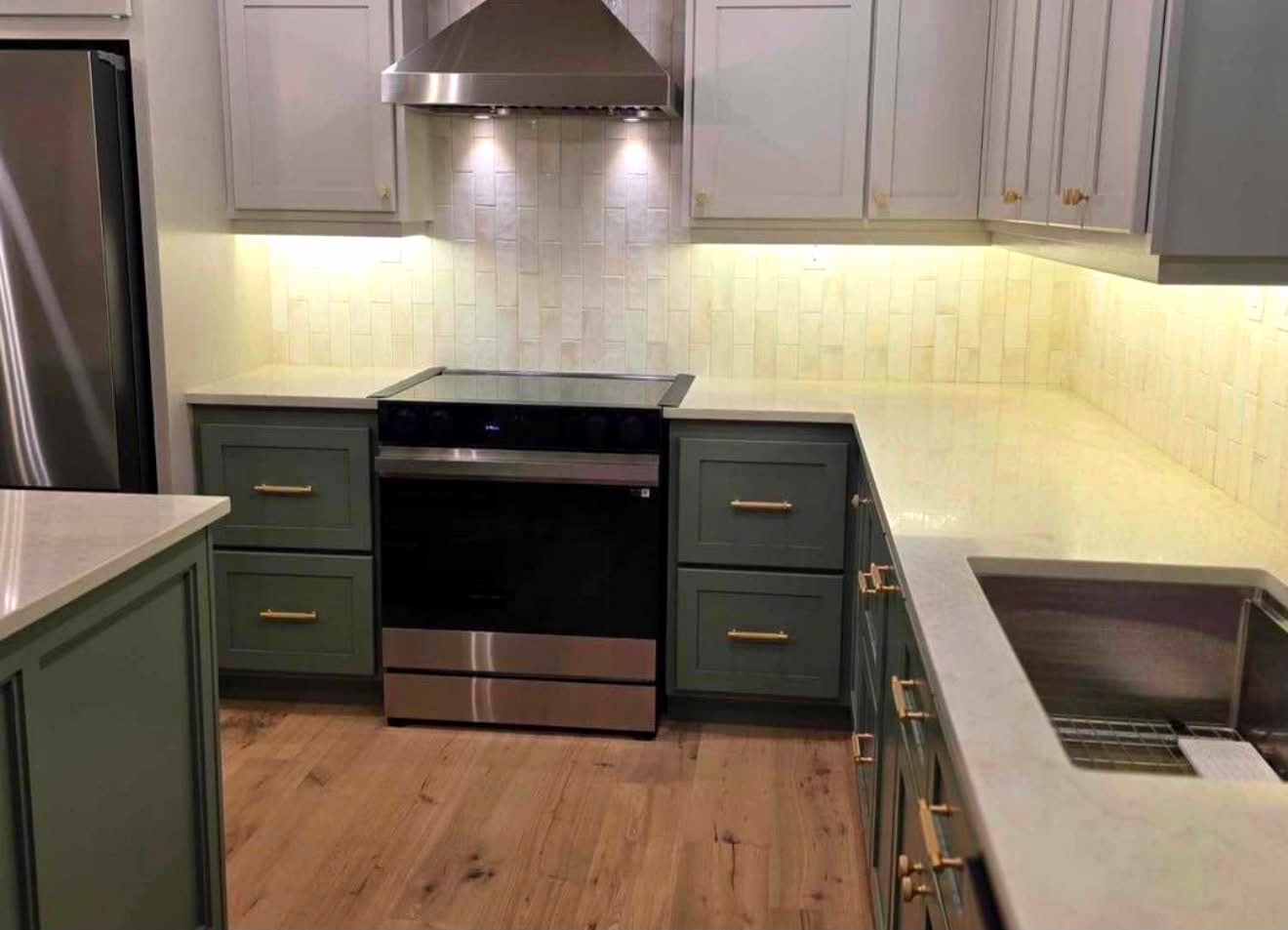 Custom quartz kitchen island, hand-fabricated in Quispamsis